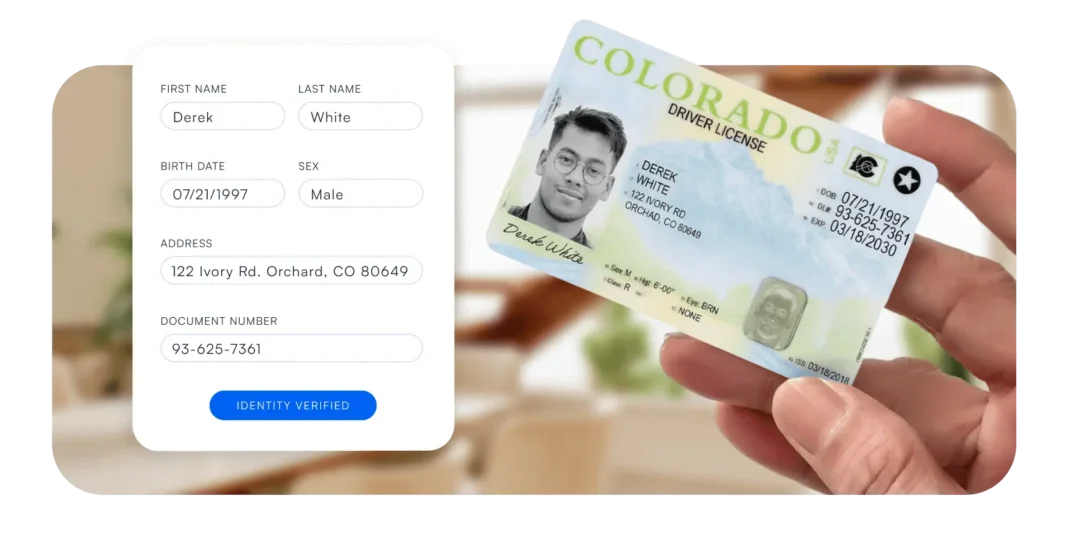 تم التحقق من الهوية من خلال برنامج KYC، مع عرض رخصة قيادة كولورادو بجانب تفاصيل العميل المدخلة على منصة آمنة، مما يوضح إجراءات العناية الواجبة في منع غسيل الأموال والجرائم المالية.