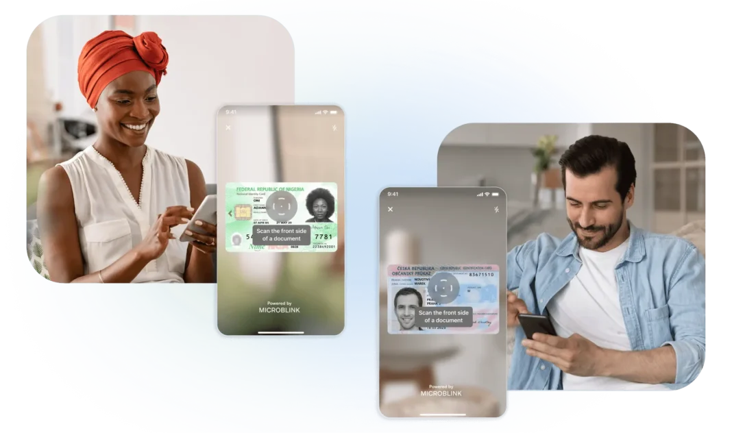 Indivíduos de diferentes países usam a tecnologia KYC da Microblink para verificação segura de identidade, refletindo os padrões globais de KYC e o papel crucial da tecnologia na conformidade regulatória de AML