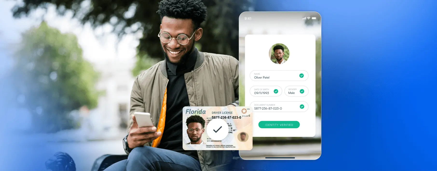 Image showing a successfully verified ID document with a satisfied user in the background, highlighting the use of AI technology to streamline the KYC verification process.