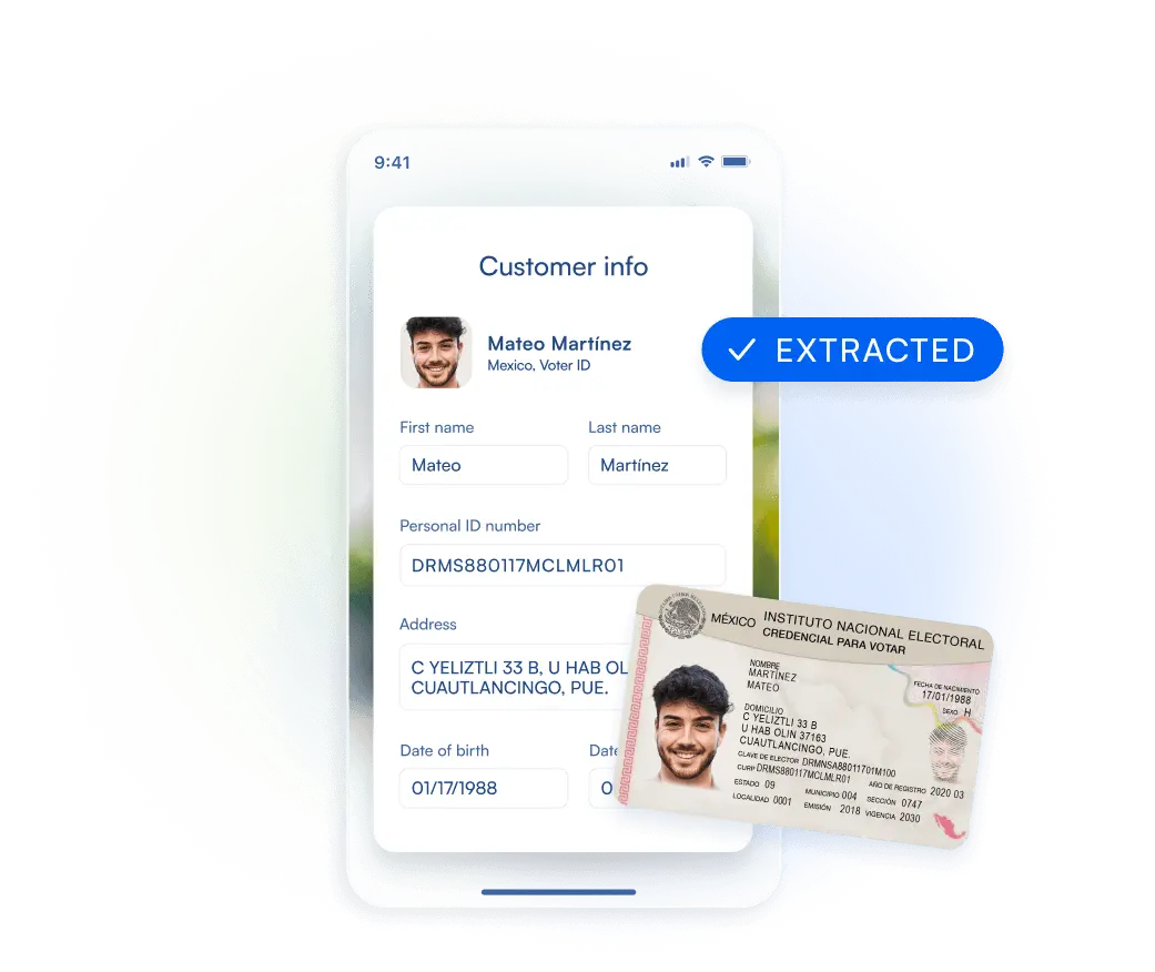 Image showing the extraction of data from an ID card into the application using advanced OCR technology, ensuring high accuracy in data processing
