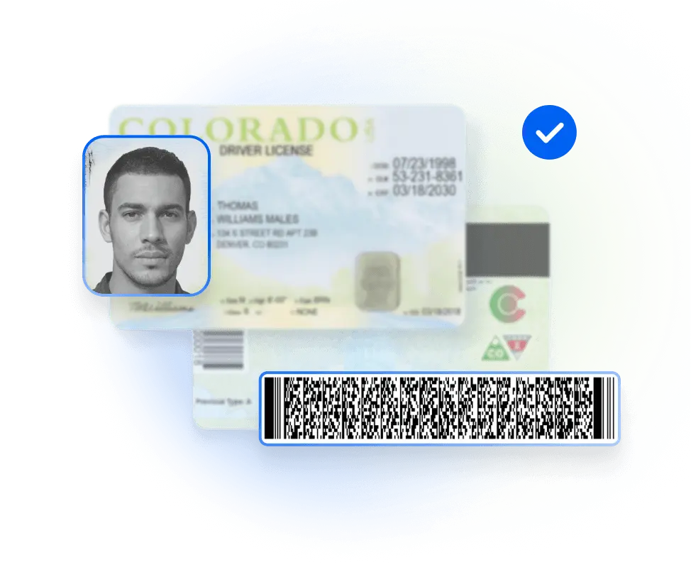 Image showing the scanning process of an ID card along with its barcode, highlighting the improved verification consistency with Microblink BlinkID