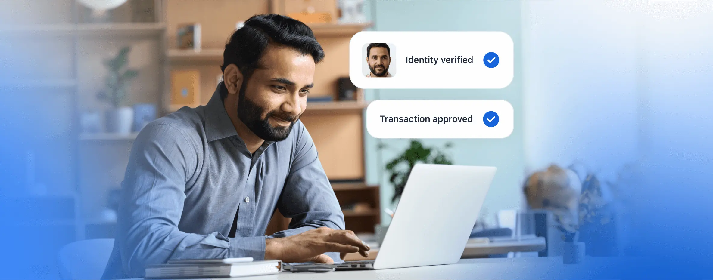 Microblink: Understanding customer due diligence requirements, with a user on a laptop displaying two messages — 'Identity Verified' and 'Transaction Approved' — ensuring secure and compliant processes.