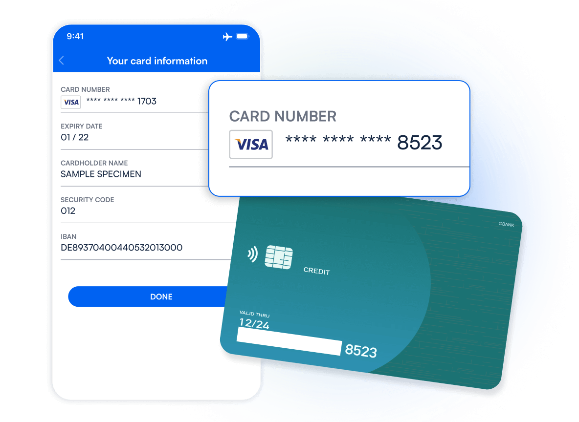 pp interface with encrypted credit card number details filled in on the left, and a scanned Visa card displayed on the right, set against a transparent background.
