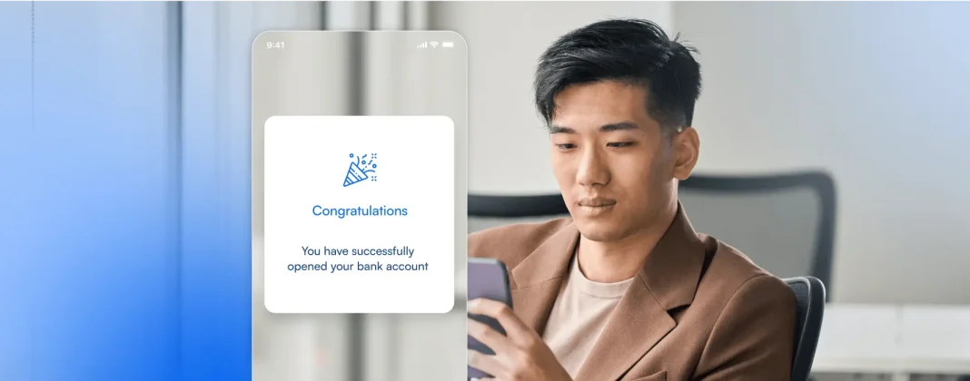 App interface with the message 'Savings Account Successfully Opened' displayed, and a satisfied user in the background.