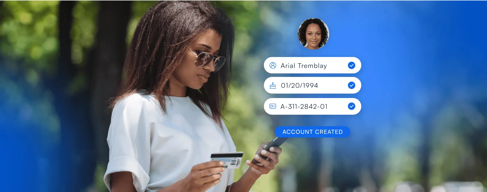 App interface displaying a successful account creation message, with a user casually strolling through the city in the background.