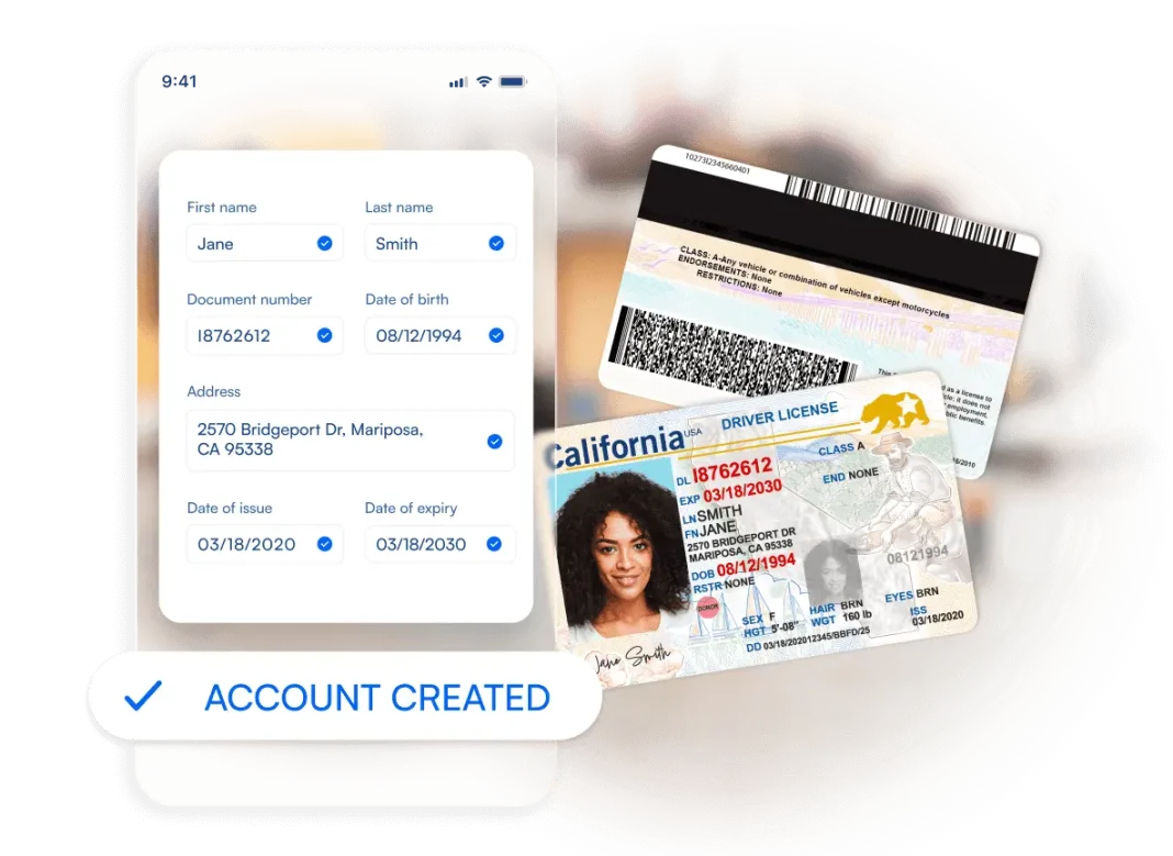 Message in the app confirming that the account has been successfully created, with an ID card in the background