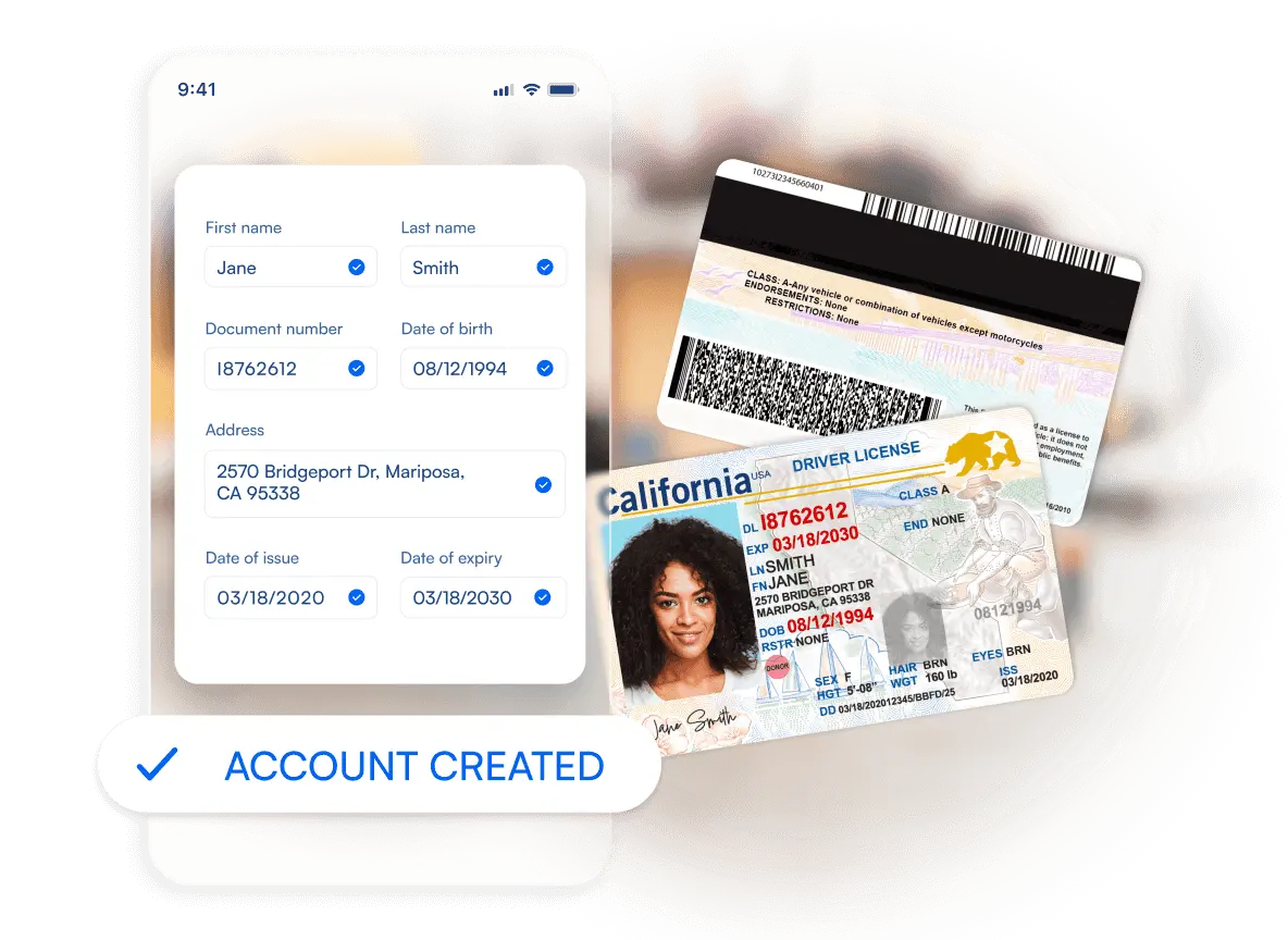 Message in the app confirming that the account has been successfully created, with an ID card in the background