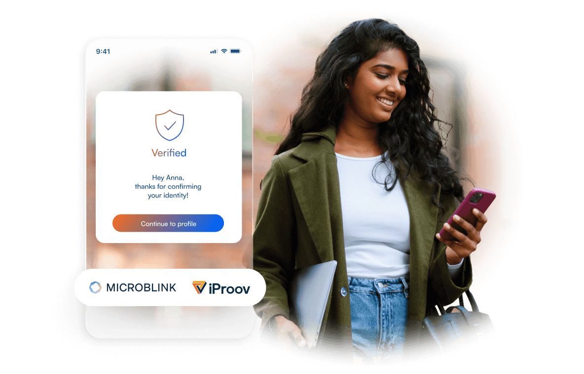 Message confirming successful verification in the app interface, with the iProove and Microblink logos below, and a happy user strolling through the city in the background.