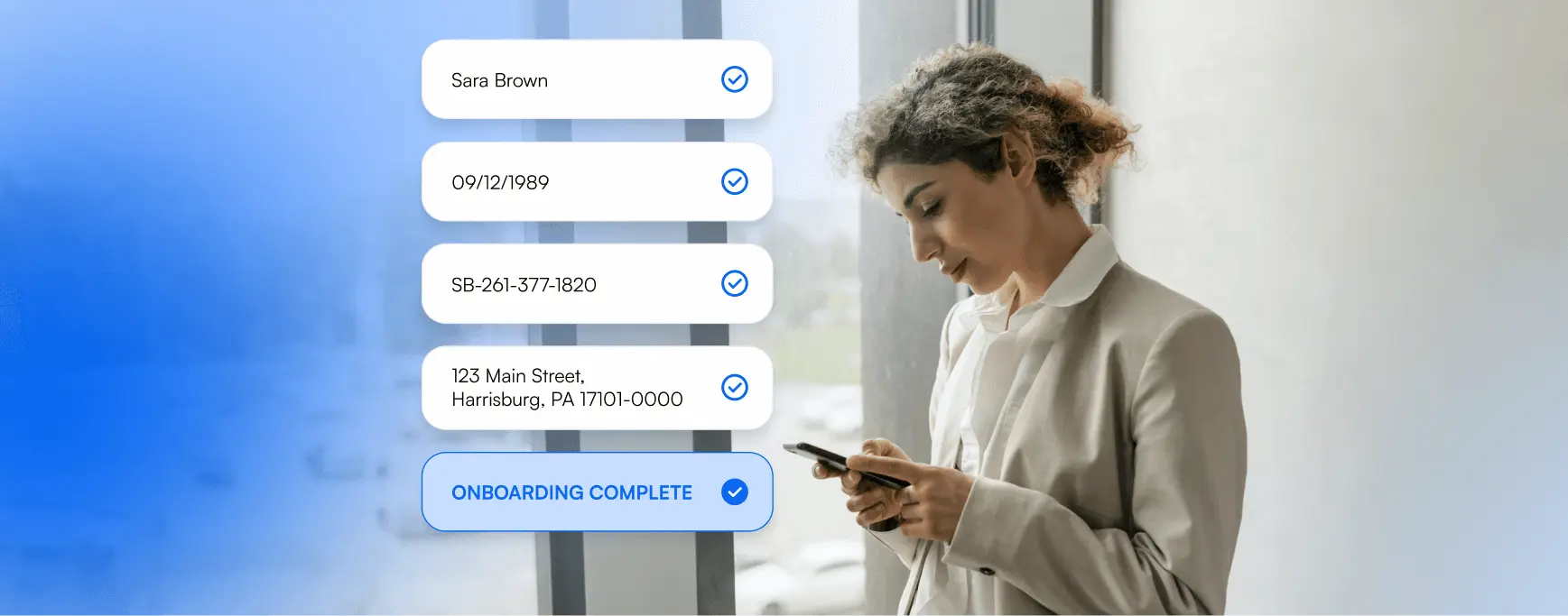 Business user using their phone, with their basic information displayed in the app interface and a 'Onboarding Complete' message