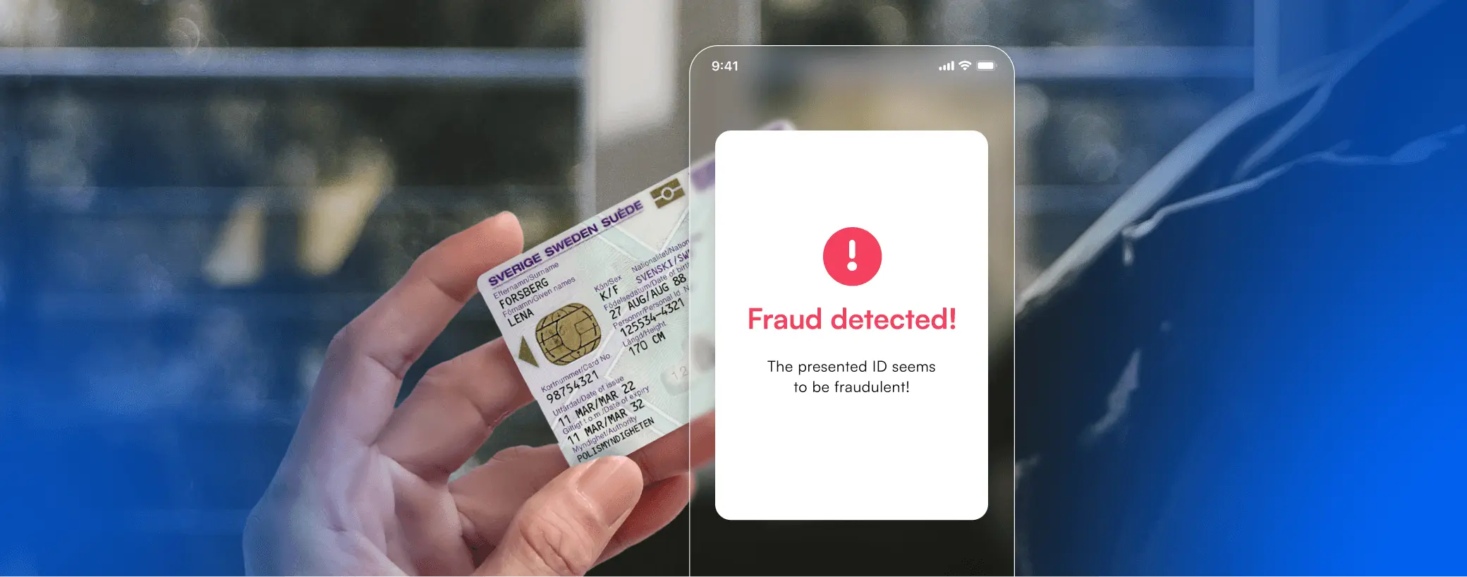 ID document with a 'Fraud Detected' message displayed in the app interface, while the scanned document appears blurred in the background.