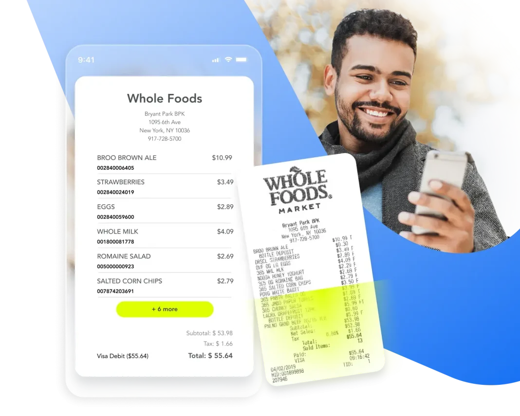 Screenshot of the application displaying entered data from a scanned receipt, with a satisfied user in the background.