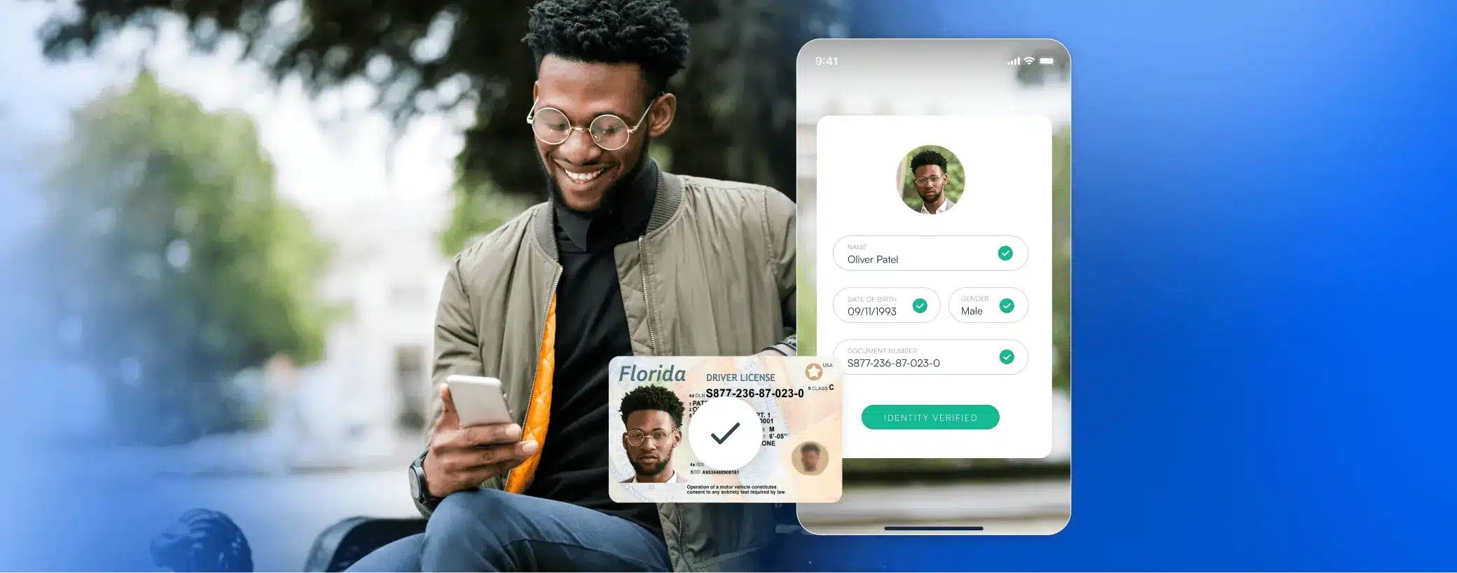 User holding a phone with a display showing successfully verified identity.