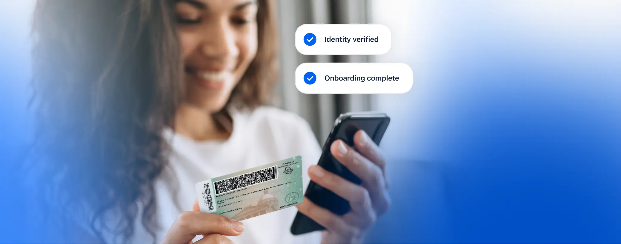 Blurred image of a satisfied user in the background with messages from the app displaying 'Identity Verified' and 'Onboarding Complete'