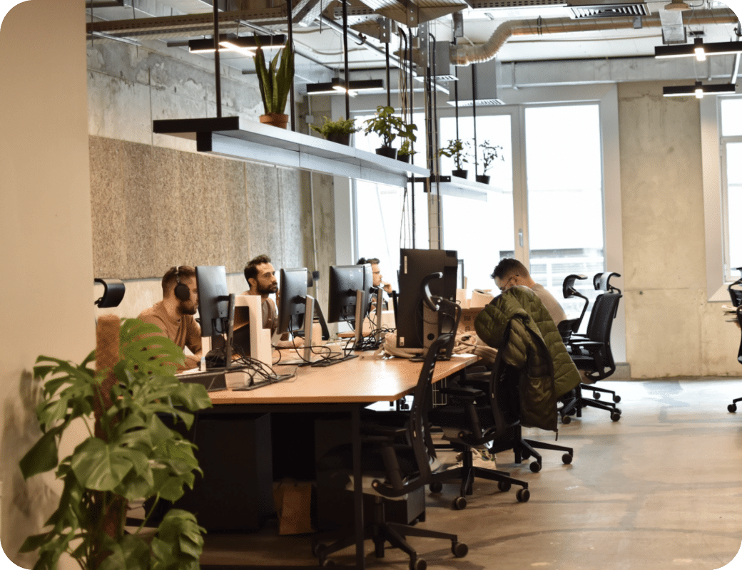Group of people working at computers in an office.