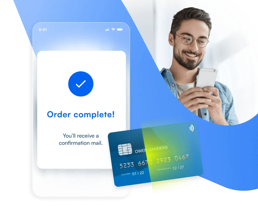 Order complete message on the BlinkCard app, with a satisfied client and the scanned card in the background
