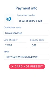 Image showing credit card details entered into the application with an error message 'Card Not Present' displayed.