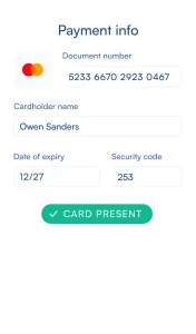 Image showing credit card details entered into the application with an success message 'Card Present' displayed.