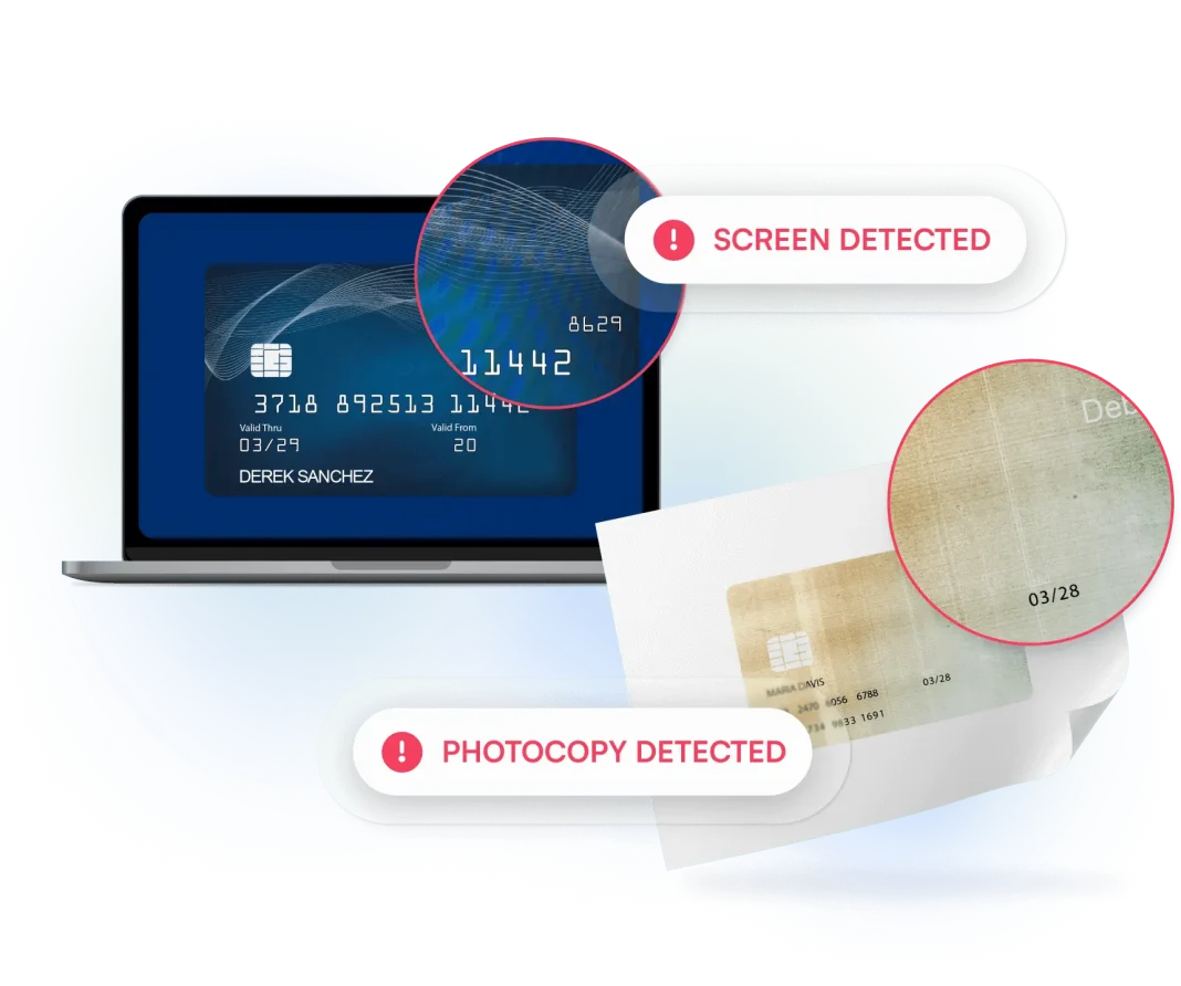 Image showing 'Screen Detected' and 'Photo Copy Detected' messages for a credit card in the BlinkCard app, indicating potential fraud.