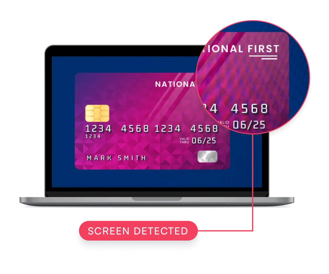 Image showing a laptop with a 'Screen Detected' message, demonstrating proactive fraud detection.
