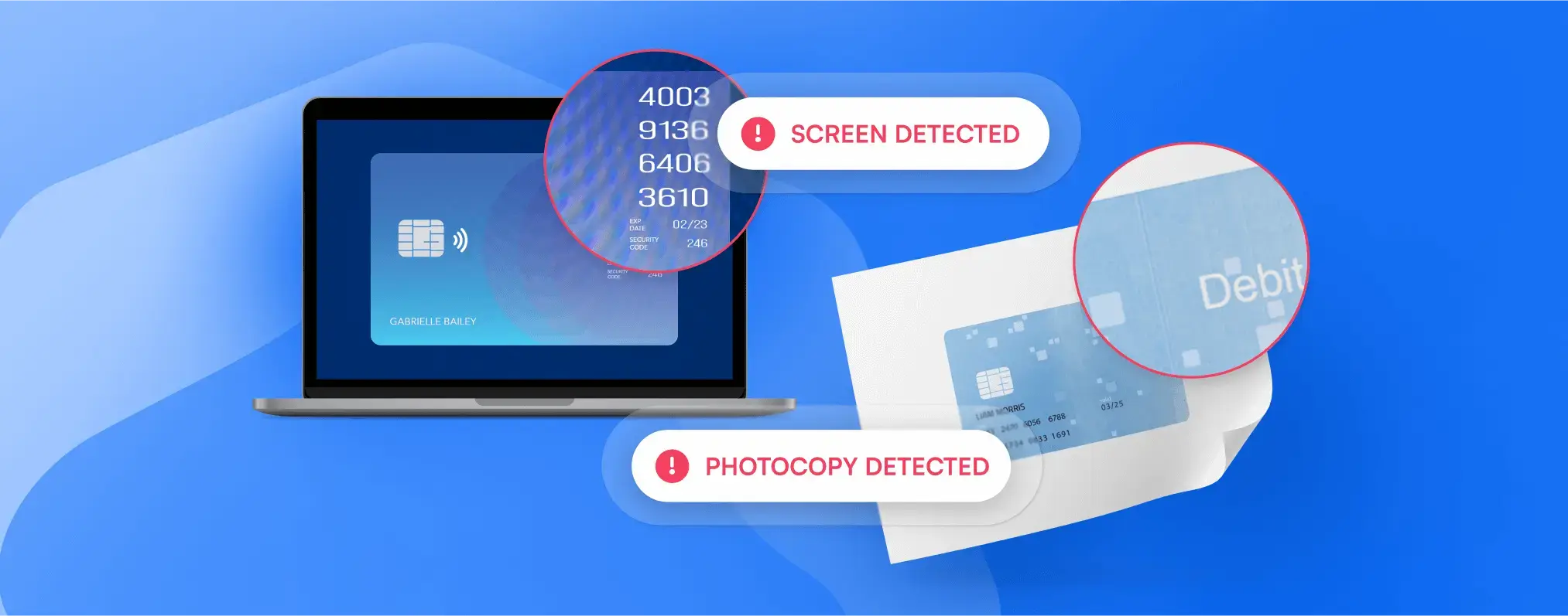 Image showing 'Screen Detected' and 'Photo Copy Detected' messages for a credit card in the BlinkCard app