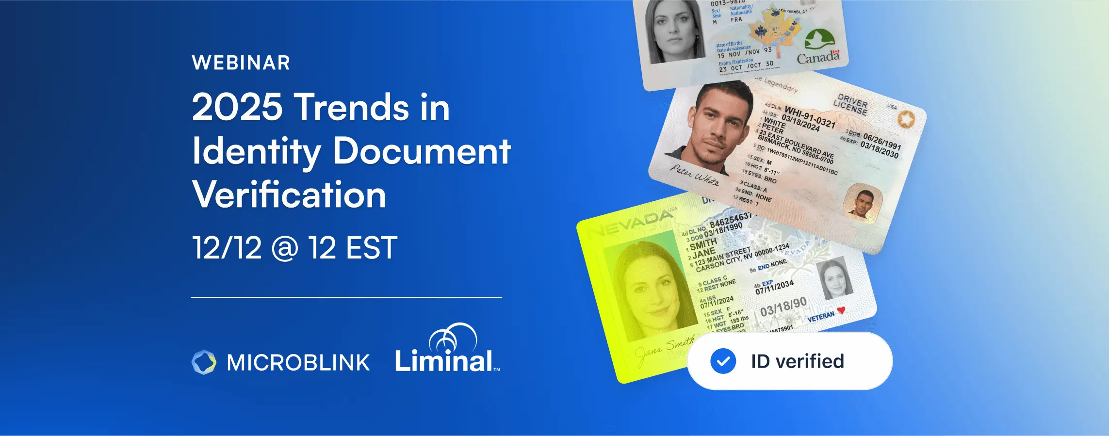 Invitation for webinar on '2025 Trends in Identity Document Verification' scheduled for December 12th at 12 PM EST.