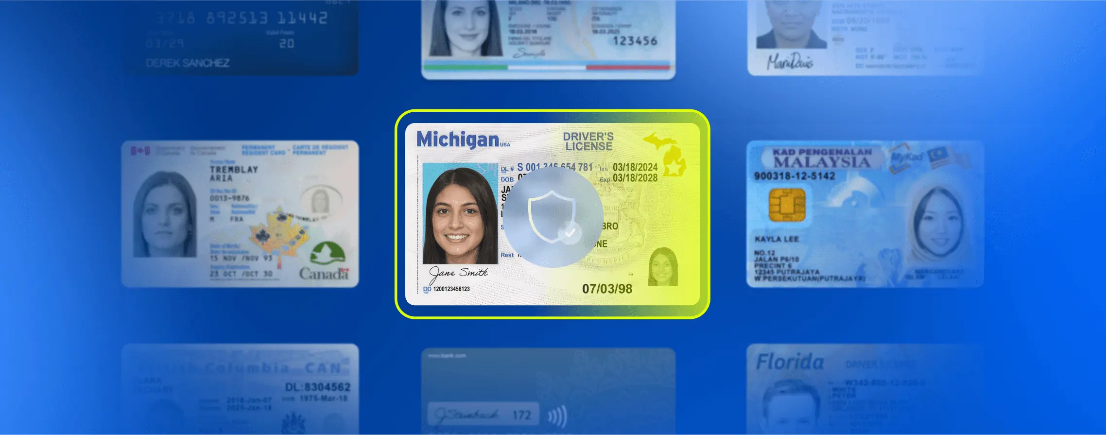 Set of identity cards with the middle one highlighted.